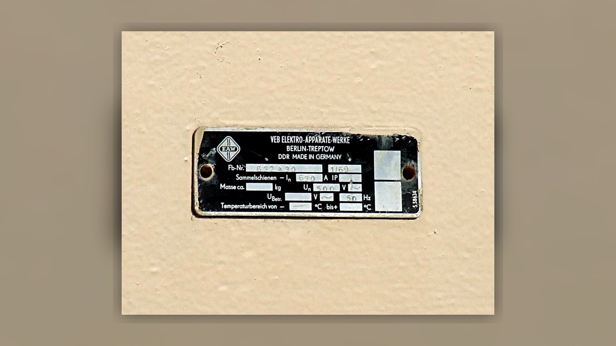 German old electrical cabinet manufacturer plate